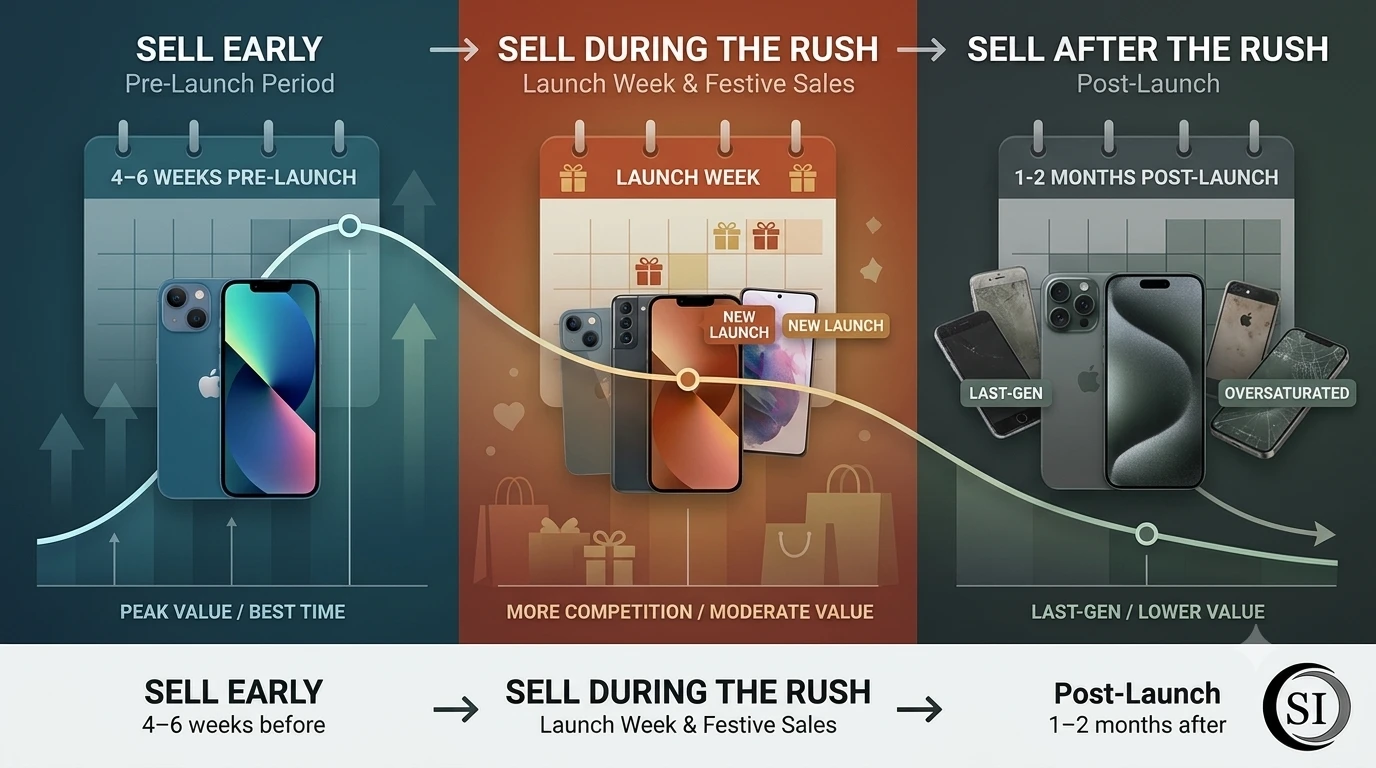 Sell early vs during rush vs post-launch phone timing comparison